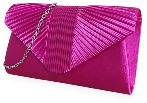 UShopUK Pochette in raso plissettato stile da sposa, ballo di fine anno, matrimonio, sera, festa, borsa a mano, Fucsia Elettr