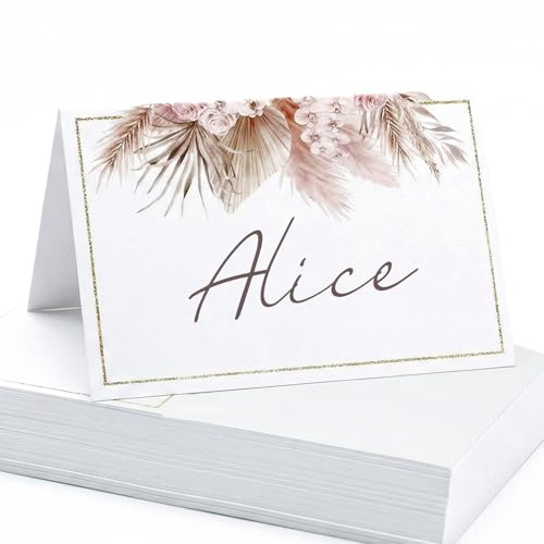 50 Pcs Boho Autumn Wedding Place Cards, Pink Pampas Table Name Cards | Pre-scored Foldable Tent Cards for Table Settings, Ideal for Baby Shower & Thanksgiving