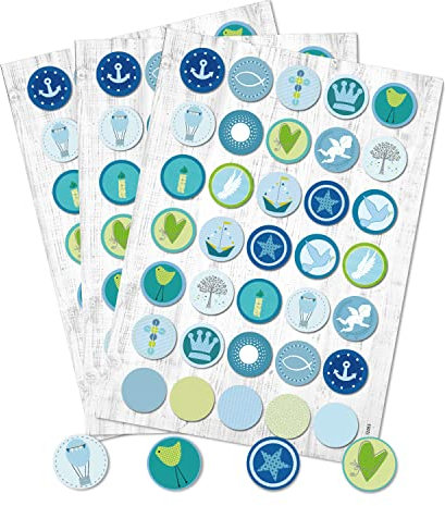 Logbuch-Verlag 105 blau türkise Kinder Kommunion Aufkleber Sticker selbstklebend Anker Schiff Engel Fische Taufe Geburtstag rund 3 cm Kinderaufkleber maritim Deko
