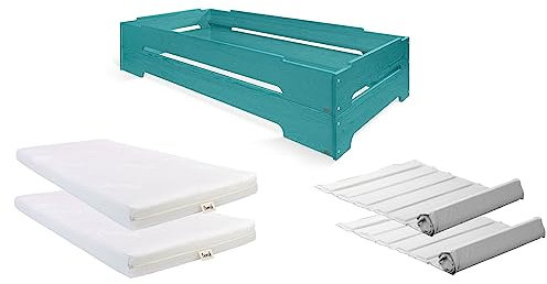 BioKinder Stapelbett Stapelliege 2er Set Kai im Set mit 2X Roll-Lattenrost im Baumwollbezug und bionik Matratze, aus zertifiziertem Massivholz Kiefer Ozeanblau lasiert 90 x 200 cm