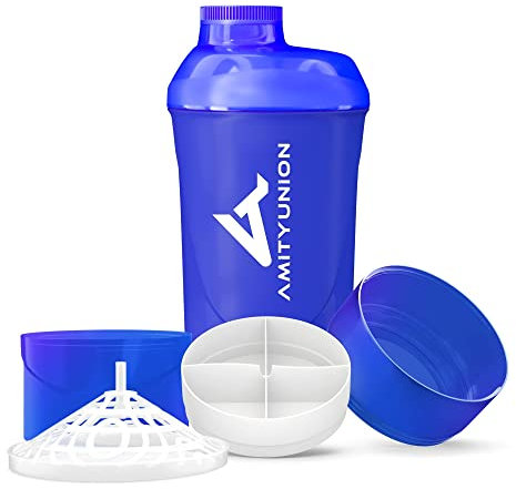 Eiweiß Shaker Deluxe 700 ml mit Sieb - ORIGINAL Fitness Mixer - Protein Shaker auslaufsicher - BPA frei, Mit Skala für cremige Whey Proteinpulver Shake Laktosefrei und BCAA Kapseln in Dunkelblau Cup