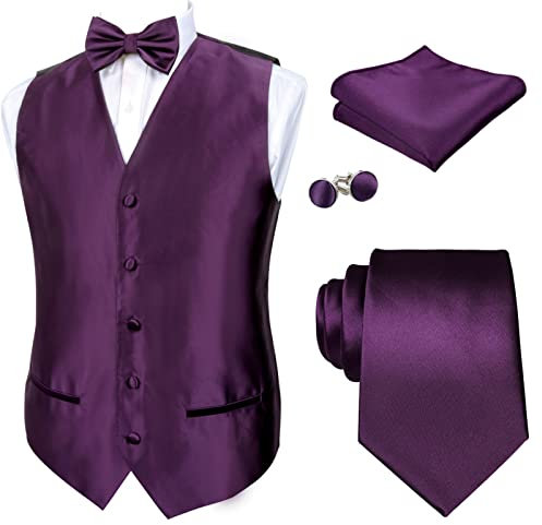 Alizeal Mens classico 5 pezzi tinta unita raso vestito set gilet, 187-viola scuro, Medium