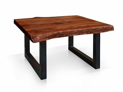 Duisburg Couchtisch mit echter Baumkante, Material Massivholz, Akazie/Beine schwarz, 80 x 80 cm