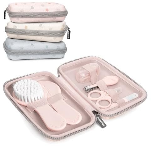 Suavinex, Trousse de Soin Bébé, Trousse de Toilette Naissance. Contient : Brosse et Peigne + Doigt Brosse à Dent + Ciseaux + Lime + Coupe Ongles, Set Manucure 6 Piéces, Rose