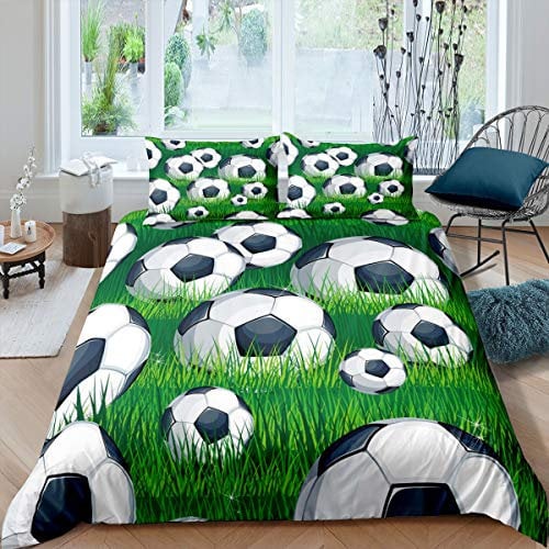 feelingyou 3D Fußball Bettwäsche-Set Grünes Gras Bettwäsche Set 155x220cm Liebe zum Fußball Betten Set für Kinder Jungen Mädchen Teenager 2St.Reißverschluss Mikrofaser