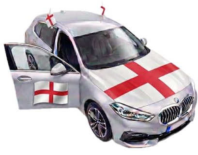 Auto Fahnen England Komplett Set - Motorhaubenfahne, 2 Autofahnen Fenster, 2 Außenspiegelfahnen & 2 Magnet Autofahnen, Fußball EM & WM Fanartikel, Englische Flagge Fahrzeug Deko