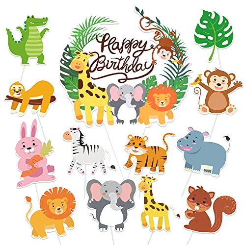 DPKOW 37pcs Tiere Geburtstag Tortendeko, Zoo Cake Topper für Kinder Junge Kuchen Deko, Dschungel Cupcake Topper für Wald Safari Thema Deko, Fondant Muffins Tischdeko