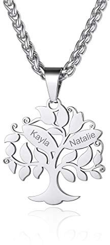 Custom4U Colgante Arbol de Vida Genealógico Acero Inoxidable 316L Mujer Collar Personalizado con 2 Nombres Grabados Regalo Pareja