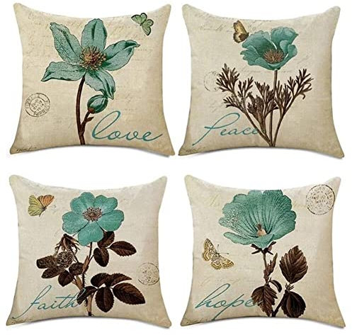 4er Set Kissenbezug Kissenhülle Retro-Blumen Leinen Atmungsaktiv Kissenhülle Auto Sofa Dekokissen Sofakissen Bezug Auto Home Bed Büro Cafe Garten Bauernhaus Dekor kissenbezüge 20x20inch/50x50cm