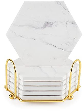 White Coasters Set - Stone Ceramic Coasters with Cork Base and Holder for Outdoor Garden Tables