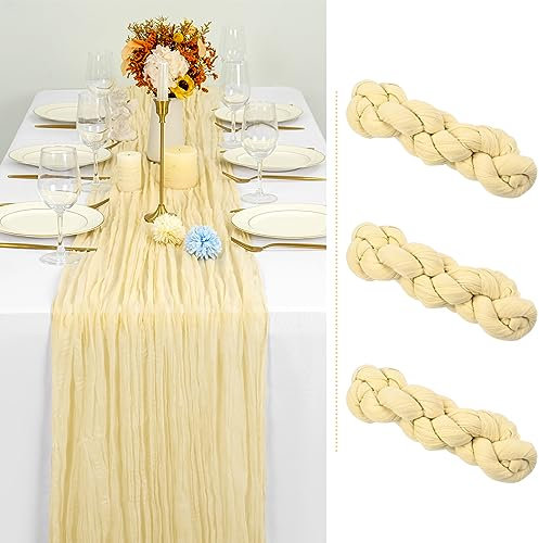 Showgeous 3 Stück Käsetuch Tischläufer Beige, 90 x 400 cm Tischläufer Boho Style Rustikaler Seihtuch Gaze Stoff Tischdekoration für Vintage Hochzeit Geburtstage Babyparty Urlaub Party