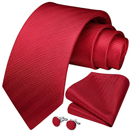 HISDERN Herren Rot Gestreifte Hochzeit Krawatte Einstecktuch KrawattenTaschentuch Manschettenknöpfe Set Geeigneter Hochzeit Fest