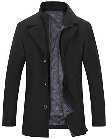 YOUTHUP Men's Winter Coat with Removable Gilet Thick Warm Wool Trench Coat, #1953 Black, L