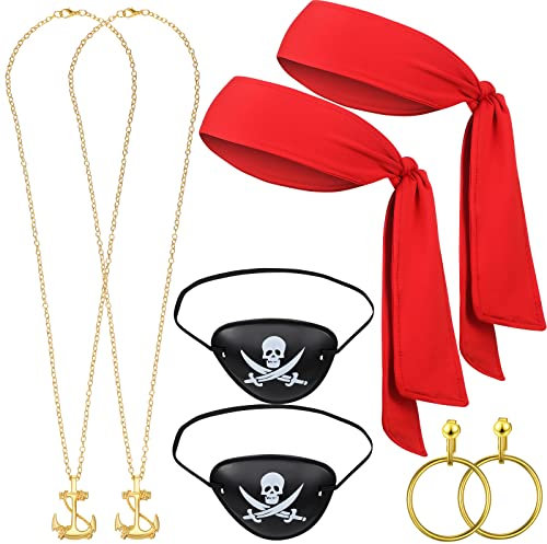 Boyiee 8 Stück Piraten Kostüm Zubehör für Erwachsene inklusive Augenklappe Bandana Kopfbinde Schal Halskette Creolen Ohrringe Kostüm für Karneval Halloween Fasching Piraten Cosplay Party Accessoires