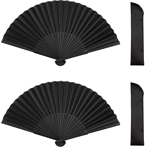 milaosk 2Pcs Handfächer, Schwarzer Fächer Seide Handfächer Schwarz Handheld Faltventilator Fächer Damen Herren Bambus Fächer mit 2 Aufbewahrungstaschen für Fächer Rave, Tanz, Hochzeit Geschenke