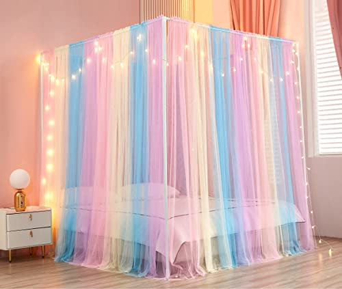 Akiky Betthimmel, Bettvorhänge mit Lichtern, 4 Eckpfosten, Betthimmel für Erwachsene und Mädchen, Regenbogen-Bettvorhänge, Netz, 8 Paneelvorhänge, Full/Queen