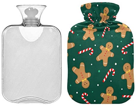 Christmas Gingerbread Man Hot Water Bottle with Cover, Hot Water Bag for Menstrual Cramp Relief, Bed Warmer 1L