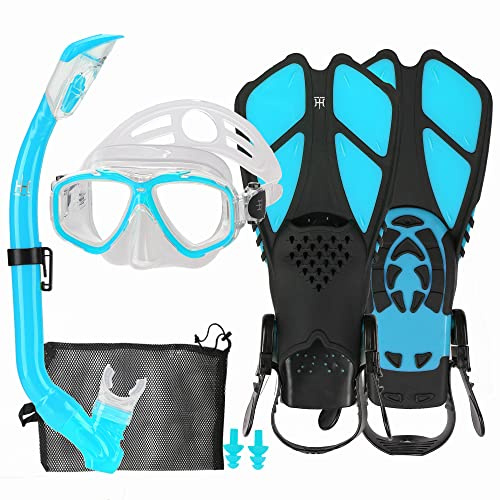HH HHAO SPORT Schnorchelset Kinder mit Flossen, 180° Panorama Weitblick Taucherbrille Kinder, Verstellbaren Schwimmflossen, Hochwertige Tauchermaske und Dry Top Schnorchel