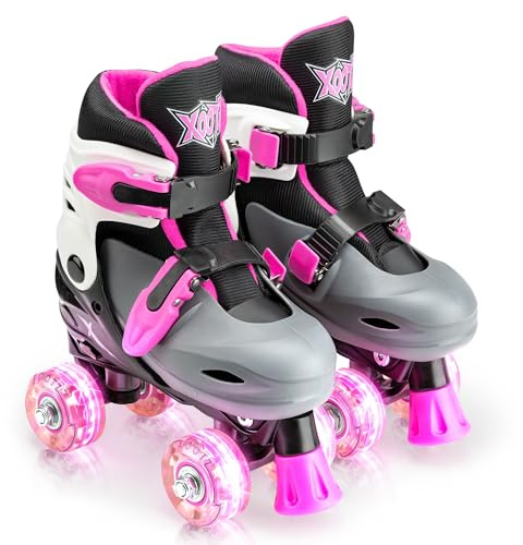 Xootz Kids Roller Skates, Adjustable LED Quad Skates, Pink, UK Sizes 9-12 | Beginner Light Up Kids 4 Wheel Roller Boots with Adjustable Fit for Boys and Girls, Indoor/Outdoor Use