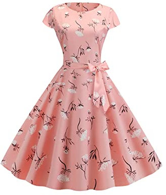 YMING Femmes Robe Vintage À Manches Courtes Robe A-Word Point Cocktail Party Robe Ceinture Les Fleurs Roses M