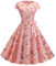 YMING Femmes Robe Vintage À Manches Courtes Robe A-Word Point Cocktail Party Robe Ceinture Les Fleurs Roses M