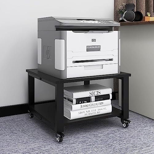 PUNCIA 2-Ebene Druckertisch mit Rollen 50 x 50 x 30 cm mobiler Druckerständer Druckerwagen Aufbewahrungsregal bis zu 70 kg belastbar Schwarz für Büro Zuhause Office Schule