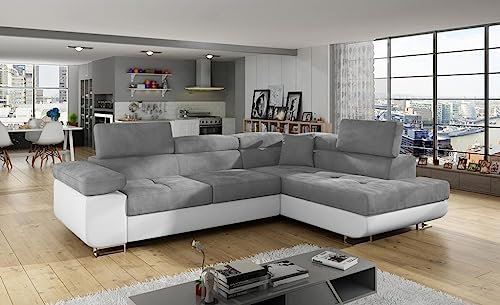 Froschkönig24 Anton I Ecksofa 275 x 202 cm Grau/Weiß (Webstoff/Kunstleder), Ausführung:Rechts