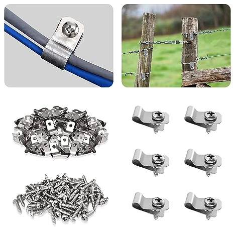 Zaun-Drahtklemmen, landwirtschaftliche Zaun-Befestigungsclips mit 100 Stück Edelstahlschrauben, Edelstahl-Drahtklemmen, Schnurklemme für die Montage, 12-16 Gauge, geschweißter Draht auf Holz (100)