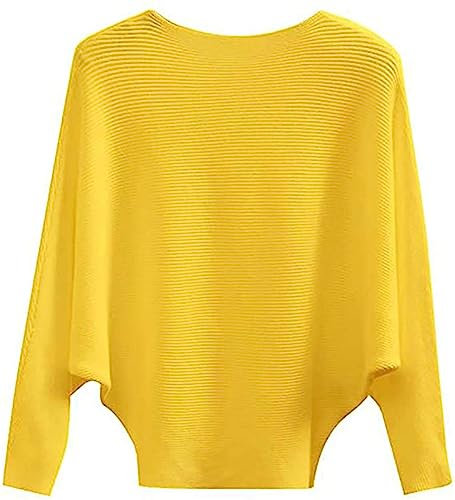 Etyepoh Womens Jumper Boat Neck Batwing Sleeve Casual Knitted Baggy Pullovers Sweater Tops （01-Yellow）