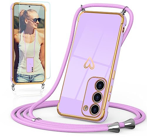 Togestar Handykette Hülle für Samsung Galaxy S23 Plus Handyhülle mit Band und Schutzfolie, Kameraschutz Herz Love Design 360 Grad Stoßfeste Schutzhülle Silikon TPU mit Kordel zum Umhängen, Lila