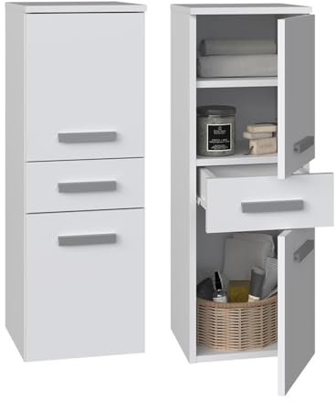 CDF Bad-Hochschrank NEL V DDS | Farbe: Weiß | Modernes Badregal | Stauraumschrank | Geräumige Einlegeböden | Türen | Einfache Montage | Stilvolle Griffe