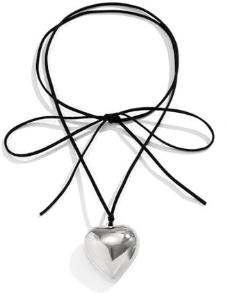 Irikdescia® Collana girocollo a cuore Gioielli Y2K con elegante fiocco intrecciato Catena regolabile in velluto nero Collana con ciondolo a cuore grande per ragazze e donne (Argento)