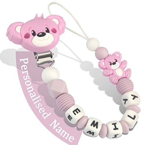 Yolnkos Schnullerkette mit Namen Jungen Mädchen Personalisiert Schnullerclip Teddy Bär(Violett)