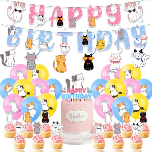 Cat Birthday Party Decoration Includes Cat Happy Birthday Banner, Hanging Swirls, Cake Topper, Cupcake Toppers and Balloons for Kids Girls Cute Cat Theme Party Supplies