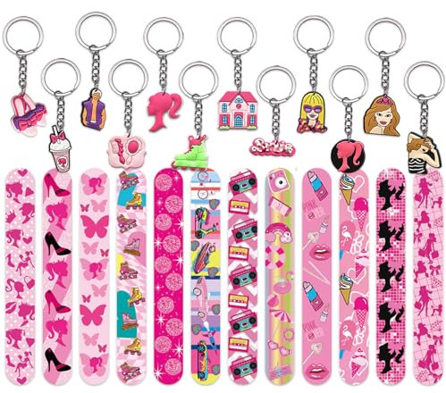 Gxhong 24Pcs Barbiprinzessin Mädchen Geburtstags Mitgebsel, Party Klatschen Armband, Bar-bi Schlüsselanhänger, Slap Bands, Kindergeburtstag Geschenke Set, für Mädchen Gast Geschenk