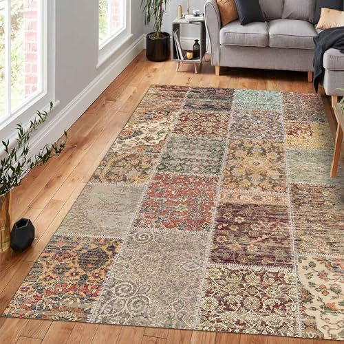 bamyum Nadine Bedruckter Teppich Chenille-Druck Maschinell Hergestellt 200 x 300 cm, Wohnzimmer Vintage Teppich Schlafzimmer, Antibakteriell Antirutschunterlage Küchenteppich Patchwork
