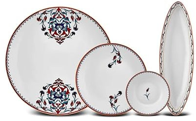 KARACA Nakkas 14-Piece Serveware Set, Modern Kitchen Breakfast Set for 6 People, Porcelain Plates, Saucer Boats & Serving Platters, Elegant White with Floral Motifs, Dishwasher/Microwave Safe