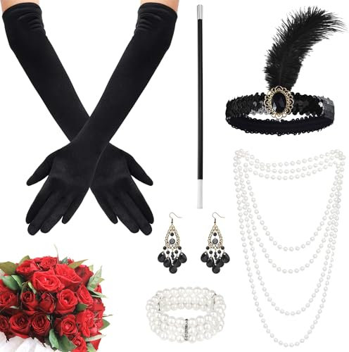 FUKPO 6 Stück 20er Jahre Accessoires Set, 20er Jahre Kostüm Damen mit Handschuhe Lang Zigarettenspitze Kopfschmuck Halskette Ohrringe Flapper Stirnband, 1920er Charleston Gatsby Accessoires Damen