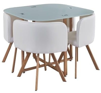 S & S Saldos y Stocks Mesa de Cristal Templado Teka + 4 Sillas. Comedor o Cocina Blanco 100x100 cm