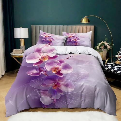 CozyRest Bettwäsche Set 135x200 cm Lila Orchidee Bettbezug Set Weiche Microfaser Deckenbezug mit Reißverschluss und 2 Kissenbezug 80x80cm