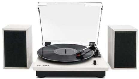 Victrola Montauk Vinyl Record Player, 3-Speed Belt Driven Turntable with Stereo Bluetooth Speaker Pair, RCA Output and 3.5mm Headphone Jack, Removable Dust Cover, Natural Wood Finish
