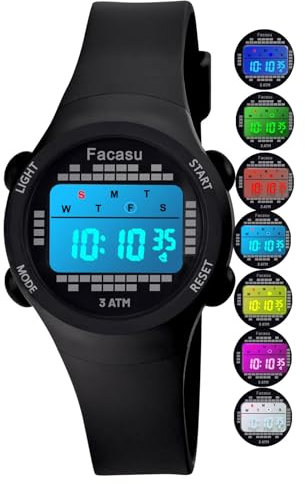 Facasu Kinderuhr Digital für Mädchen Jungen,wasserdichte Kinderuhr,Bunt Light,Outdoor Sport Armbanduhr Kinder, Einfaches Ablesen Einstellen der Uhrzeit mit Stoppwatch Alarm für Kinder (Schwarz-BK)