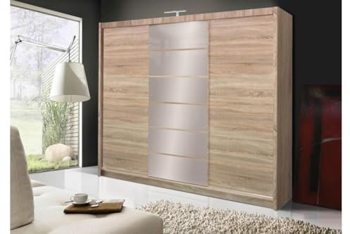 BEAUTY SOFA - Kleiderschrank mit Schiebetüren, Schlafzimmer Schrank mit LED Beleuchtung -Garderobenschrank 250 cm breit, H 215 cm, T 61 cm - Malibu Schrank Eiche Sonoma