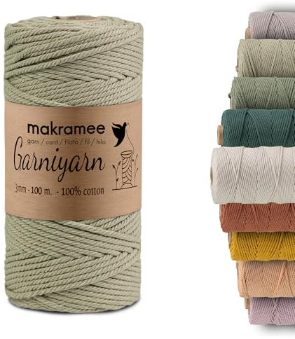 GARNIYARN Premium Makramee Garn 3mm – Weiches Baumwollseil für Macrame, DIY-Bastelprojekte, Wandbehänge, Pflanzenhänger und Wohnaccessoires, Stricken – 100% Natürlich Cotton – (helles Olivgrün, 100m)
