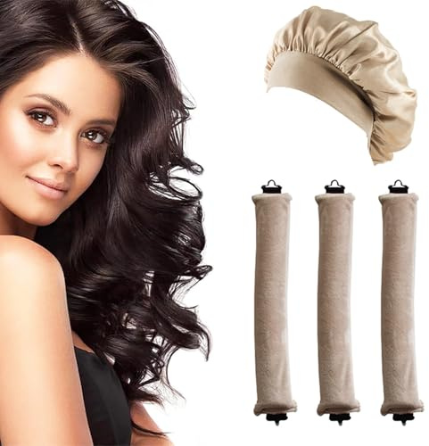 JINJUMEI 3 Stück Hitzefreier Lockenwickler und 1 Stück Seidenhaube Atmungsaktive zum Schlafen, Lockenwickler Ohne Hitze Haarnudel for Long Hair, Hitzefreie Locken Über Nacht für Alle Haartypen