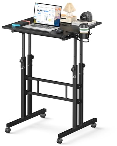 Enayplon Small Standing Desk with Wheels, Mobile Stand Up Desk, Portable Standing Table on Wheels for Walking Pad, Rolling Computer Desk Adjustable Height, Tall Table