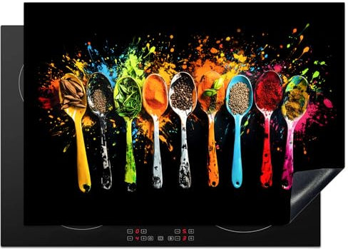 KitchenYeah© Coperchio Piano Cottura 75x52 cm Cucina Copri Fornelli Tappetino Induzione Antiscivolo Piastra Protezione Cucchiai - Spezie - Moderno - Graffiti - Colore