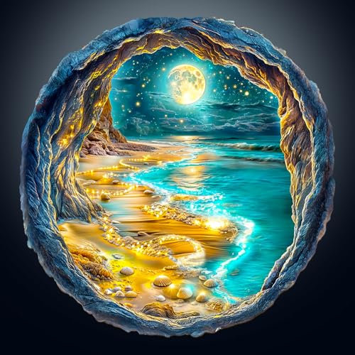 KaayeeWood Holzpuzzle Erwachsene,3D Vision Effekt Mondschein Strand Holzpuzzle,Einzigartige Wooden Puzzle Mit Geschenkbox,Geschenke für Kinder und Erwachsene(34 * 33.5cm-295 Stück)