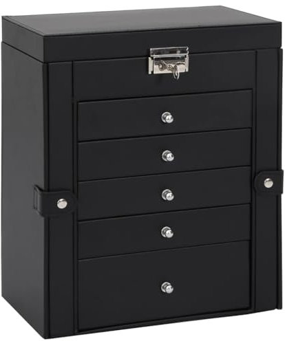 vidaXL Schmuckkästchen 6-Schichten mit Spiegel Abschließbar Schwarz, Schmuckkasten, Schmuckkoffer, Schmucktruhe, Schmuckbox, Schmuckorganizer