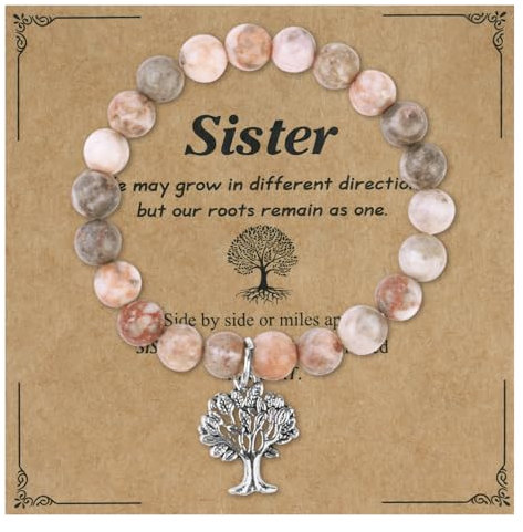 Alaoo Naturstein Armband mit Perlenanhänger - Rosa für Damen, Geschenk für Freundinnen, Töchter, Mütter, Kolleginnen (Baum des Lebens)